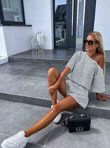 2-Piece Women Summer New Ribbed Knit Loose Casual Asymmetrical Neck Short Sleeve Elastic Waist Shorts Pajama Set, Suitable For Home Use
