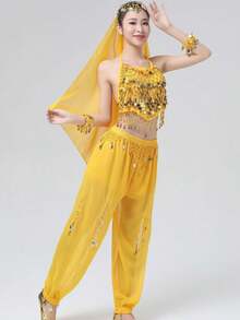 Women's Style Sparkling Belly Dance Three Pieces Set: Sequined Top + Lantern Pants + Headscarf Set For Halloween Carnival Party Stage Performance Costume