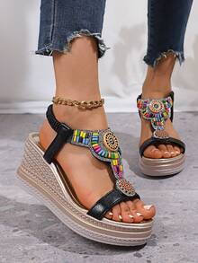 Sandalias bohemias con plataforma y tacón alto, nuevas sandalias de verano con cuña de suela gruesa, cómoda correa tipo romano de colores, sandalias de moda con detalles metalizados dorados para dama - Negro - Ver 7