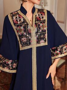 Kexmon Women's Elegant V-Neck Floral Embroidered & Sequin Arabic Style Long Dress - Blue - View 3