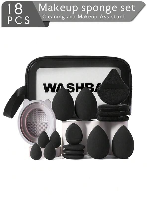 Set de 18 brochas para maquillaje, 4 esponjas de maquillaje en forma de gota de agua, 4 borlas triangulares de terciopelo suave, 4 borlas de cojín de aire para el pulgar, 4 mini esponjas de maquillaje en forma de gota de agua, 1 limpiador plegable de esponja de maquillaje, 1 bolsa de almacenamiento de maquillaje de gran capacidad