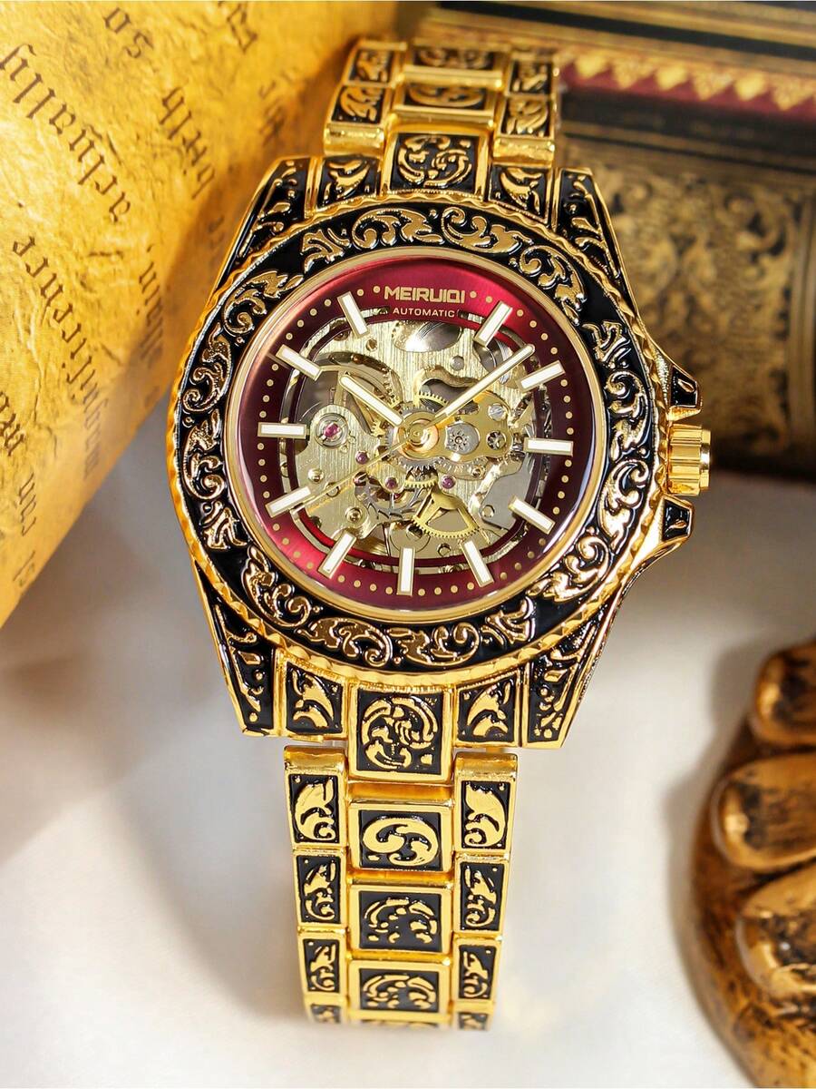 One Men's Black Gold Carved Steel Band Retro Niche Exquisitely Crafted High-Value Fashion Business Fully Automatic Mechanical Watch - Đỏ - Xem 1