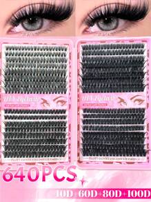 640 piezas/576 piezas Racimos de pestañas individuales de ojo de gato de 10-18 mm izquierdo y derecho para pestañas en racimos individuales apareados,extra gruesas y naturales, con efecto aterciopelado, ultra suaves y súper ligeras. Kit de extensión de pestañas DIY para principiantes para usar en casa, vida diaria, regalos, viajes y festivales de música