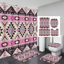 1pc/4pcs Boho Style Bathroom Decor Set: Waterproof Shower Curtain With 12 Hooks, Non-Slip Bath Mat, U-Shaped Toilet Mat, And Round Toilet Seat Cover, Multi-Functional Bathroom Accessory Set Back To School