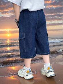 Boys' 3/4 Length Denim Cargo Pants, Summer - Blue - View 7