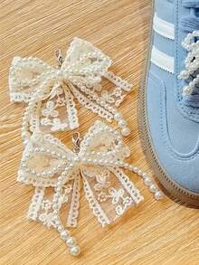 2pcs Elegant Lace & Pearl Bow Shoe Clips, DIY Shoes Charms For , Canvans, Sneakers, High Heels, Casuals Shoes, Ideal Women's Gift, Light Blue Ribbon Detail, Decorative Shoe Laces Accessory For Mother's Day, Back To School, Spring Decor, Birthday Party Supply