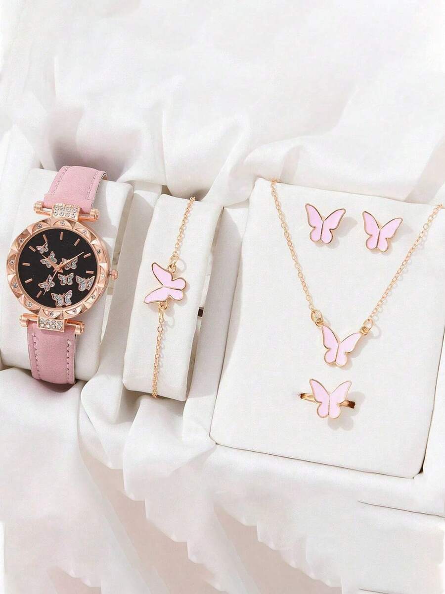 6 Stücke/Set Jugendliche einfache Bar Markierung Schmetterling Zifferblatt Lederarmband Quarzuhr + elegante Halskette Geschenkset, geeignet für Geburtstag, Abschluss, Schulabschluss usw.