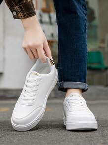 Plus Size Men's Casual Sneakers, Leather Upper Lightweight Trainers, Unisex White Shoes For Students