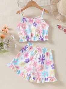 2pcs/Set Girls Summer Sleeveless Top And Shorts Set, Flower Print Tank Top + Ruffle Hem Shorts, Suitable For Home, Outings And Play