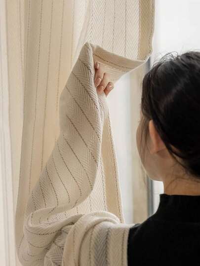 1pc Modern Simple Striped Floral Pattern Look White Cream Dust-Proof Curtain For Living Room Or Bedroom