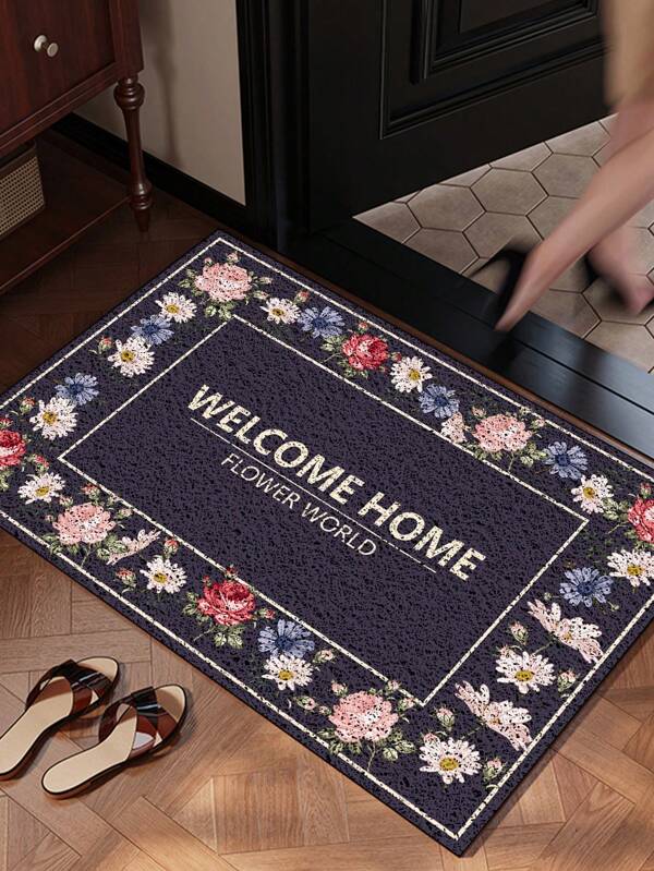 1 pieza Felpudo de entrada de fibra de cáscara de coco con diseño floral moderno, Bienvenido a casa, Felpudo de bienvenida para puerta principal, Felpudo de piso antideslizante de PVC para decoración de entrada del hogar, Felpudo decorativo, Alfombra de baño, Alfombra de piso, Alfombra de exterior, Felpudo de puerta, Decoración de otoño, Accesorios de baño, Regreso a clases