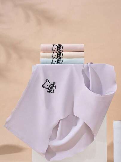 5pcs Tween Girls' Cartoon Bear Seamless Ice Silk Underwear, Spring/Summer Student Legging Panties