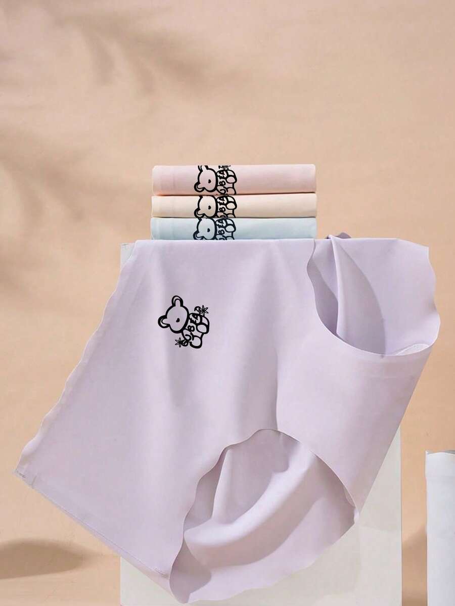 5pcs Tween Girls' Cartoon Bear Seamless Ice Silk Underwear, Spring/Summer Student Legging Panties