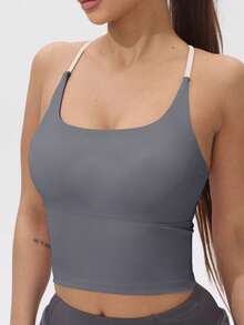 Women's Patchwork Padded Sports Bra With Elastic Adjustable Straps Summer - Grey - View 6