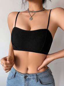 1pc Women's Solid Ribbed Bowknot Strap Comfy Lingerie - Black - View 5