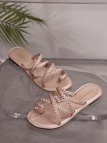 全新大码女式交叉编织露趾舒适平底皮革一脚蹬凉鞋，休闲时尚户外沙滩夏季鞋 - 玫瑰金 - 查看 5