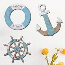 1 件/2 件/3 件航海主题墙饰套装 - 木制锚、舵和救生圈，印有“欢迎登船”和“头部”字样，海洋主题壁挂装饰，室内航海装饰，无需电力 - 彩色 - 查看 4
