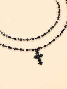Cuiwrgrs 2pcs Gothic Style Cross Pendant Necklaces, Punk Dark Multi-Layer Necklace Accessories - Black - View 4