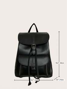 Stylish Black Leather - Like Backpack With Retro Buckle Design For Outings - Black - View 3