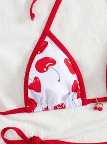 2 قطعة مجموعة بيكيني للنساء مطبوع عليها جزر الكرز مع كشكش وألوان متباينة للعطلات الشاطئية