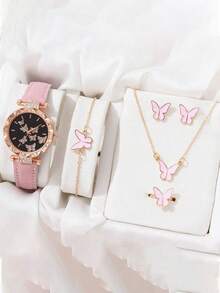 6 Stücke/Set Jugendliche einfache Bar Markierung Schmetterling Zifferblatt Lederarmband Quarzuhr + elegante Halskette Geschenkset, geeignet für Geburtstag, Abschluss, Schulabschluss usw.
