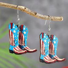 1 Pair Fashionable New Wooden Western Style Earrings With Pink Cowboy Hat & Boot Pendants, Suitable For Women's Daily Wear - Multicolor - View 11