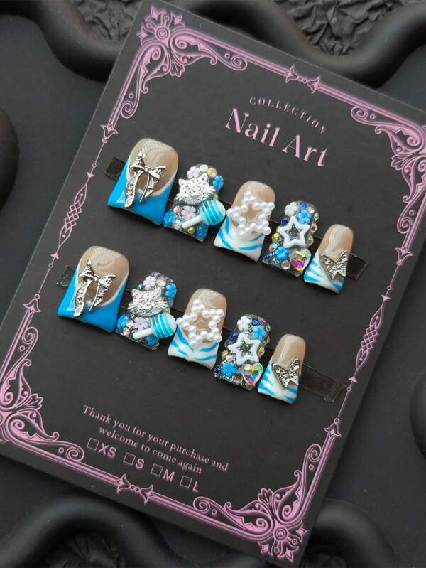Y2K 10 PC Handmade Press On Nails Medium-Length Duckbill Armor Beach Summer Style Gives You A Vacation Feeling Overall Inlaid With Gorgeous Accessories The Color Is Playful And Cute Suitable For Travel Wear And Daily Wear