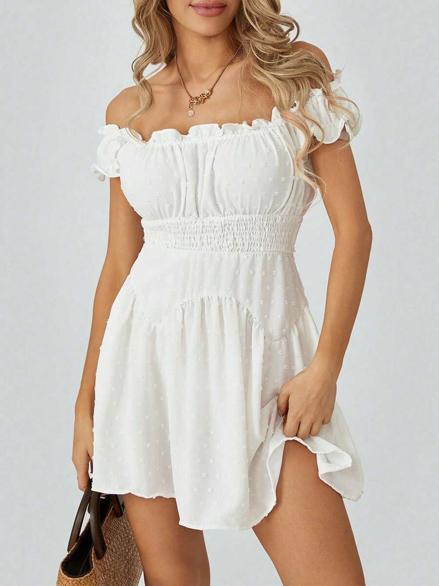 Women Summer Short Dress Solid Color Ruched Bust Boat Neck Off Shoulder Puff Sleeve A-Line One Piece For Ladies
