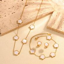 "3-Piece Set Of Versatile And Stylish Black Flower Oil Drop Necklace, Bracelet, And Earrings In Stainless Steel For Women - Perfect For Daily Wear" - White - View 3