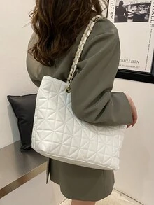 黑色PU时尚简约大容量菱格纹金属链条拉链单肩手提包，适合女性日常通勤、旅行、度假、聚会、朋友聚会、送给女友的生日礼物、情人节礼物、工作包、书包、大学必备单品 - 白色 - 查看 10