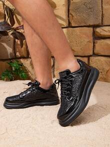 Giày thể thao buộc dây Black Diamond lấp lánh dành cho nam, giày thể thao thường ngày thời trang có đế mềm, giày thể thao thường ngày sáng bóng nhập vai có kim sa màu đen và ruy băng trang trí, phù hợp với sinh viên đại học - màu đen - Xem 10