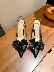 Nuevas sandalias de tacón alto con punta fina, correa delgada y tacón cuadrado bajo para mujeres, decoración floral, para primavera/verano - Negro - Ver 3