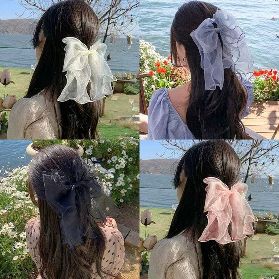 1pc Organza Bowknot Elastic Hair Clip - White - View 1