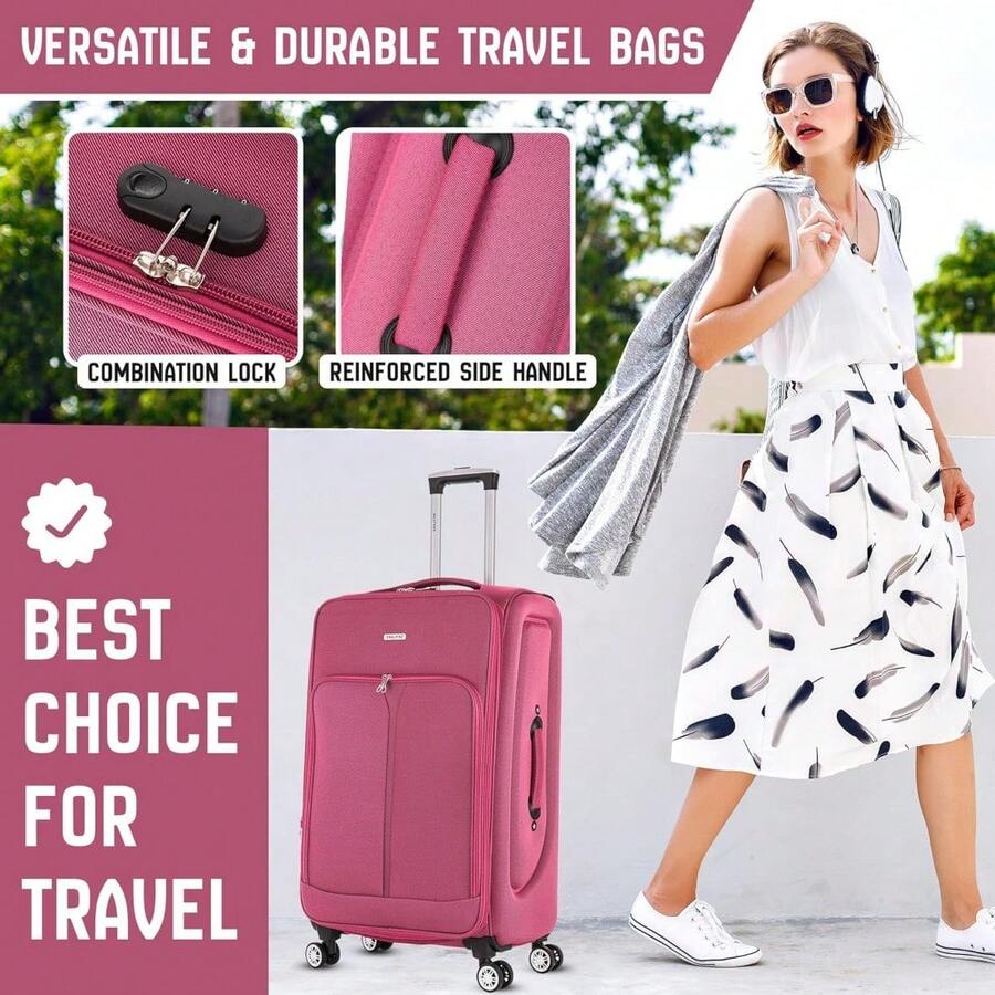 29" Large Suitcase Super Lightweight Luggage 20% Expandable 4 Wheel Spinner Soft Shell Check In Luggage For 23kg - Pink - View 1