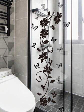 1PC Creative Black Butterfly Floral Vine Self-Adhesive Wall Sticker, Black Flowers Butterflies Wall Sticker- PVC Waterproof, Toilet Stickers, Bathroom Wall Decal, Vinyl Decal For Living Room Bedroom Entryway, Home Decorations, Spring Decoration Items Refresh Your Home, Festival Decoration Stickers Home Bathroom Decor Bath Rug Floor Carpet Fall Decor Bathroom Accessories