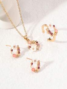 1 套儿童奢华合金花朵小众耳环、戒指、项链首饰套装、时尚