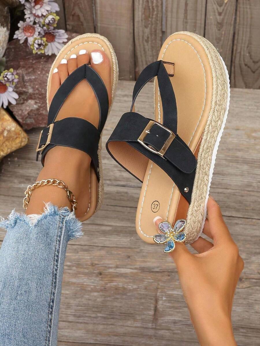 Giày sandal đế xuồng quai ngang dành cho nữ, kiểu dáng hở mũi, có thể điều chỉnh kích cỡ.