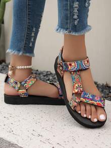 Boho Style Lace-Up Sandals - Colorful Geometric Print Straps, EVA Lightweight Soles, Versatile Women's Shoes For Vacation And Daily Wear, Breathable & Comfortable, Great For Summer And Water Parks