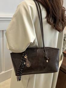 1 pieza Bolso de bolos de color marrón café acolchado con cremallera y unicolor de PU, grande y con capacidad, nueva moda con textura de fieltro, estilo retro de silla de montar para el hombro, adecuado para uso diario de mujeres