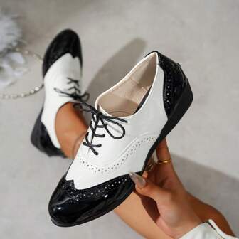 2025 New Women Fashion Chunky Heel Oxford Shoes,Cross Strap Hollow-Out Mixed Color Outdoor Casual Flat Loafers