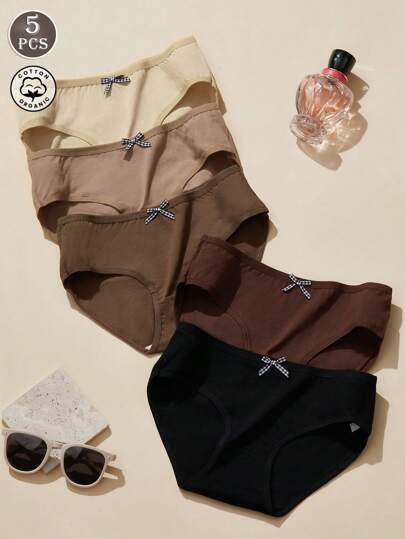 5 条装女士纯棉内裤，带蝴蝶结细节，纯色舒适中腰三角内裤