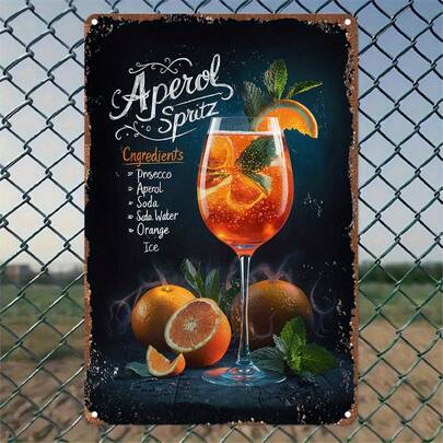 1pc Vintage Aperol Spritz Cocktail Sign, 2D Metal Wall Art Poster, Retro Decor Suitable For Home, Garden, Bar, Cafe, Club, Office, Street, Patio, Beach, Gallery, Gym, Garage, Laundry Room, Man Cave, Bathroom, Farm, Farmhouse - Indoor And Outdoor Use, Random Hole Style