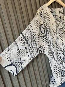 Women's 3D Painting Hollow V-Neck Loose Casual Knit Sweater