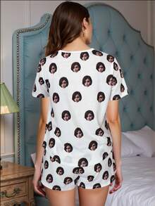 Conjunto de pijama feminino de manga curta com 2 peças, personalizado com foto/retrato, tecido leve, respirável e confortável, presente para amigo, amante, parceiro, festa, aniversário, dia das mães, inclui 1 máscara de dormir, cachorro, colorido, fofo, adorável, contratado, engraçado, personalizado, único, personalizado, presentes ideais para ele, presentes ideais para ela, namorado, namorada, família, amigos, avós, dela - Branco - Ver 5