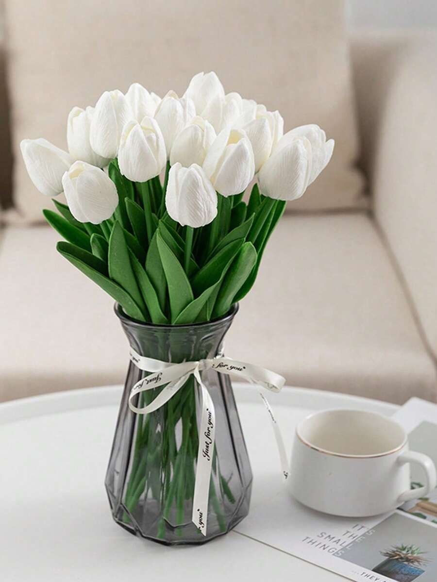 1/5/10，浪漫的白色郁金香情人节花束，非常适合家居装饰、办公室派对、婚礼装饰、母亲节礼物、情人节礼物