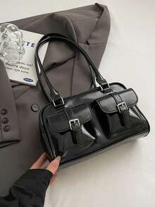 新款时尚单肩包，百搭纯色PU面料，字母图案装饰，多口袋设计，贝壳包造型，肩包和腋下包均饰有吊坠，适合旅行、购物、通勤、聚会、约会、春节及送礼等场合。