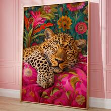 1pc Leopard Canvas Art Print - Frameless Vintage & Modern Wall Decor, Eclectic Maximalist Animal Art For Living Room, Bedroom, Or Home Office, Bold Pink & Green Retro Aesthetic