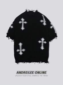 ANDREILEE Unisex Street Style Cross Jacquard Casual Distressed Loose Drop Shoulder Short Sleeve Knit Sweater, Spring/Summer - Black - View 1