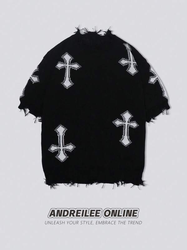 Suéter holgado y desgarrado casual y unisex con estampado de cruz de manga corta, ropa de calle, primavera/verano