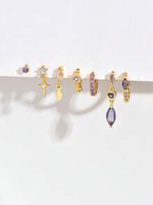 7 pièces/Ensemble de bijoux minimalistes en zircone pourpre élégante, comprenant un pendentif et des boucles d'oreilles. Convient pour les sorties, les fêtes et le port quotidien des femmes.